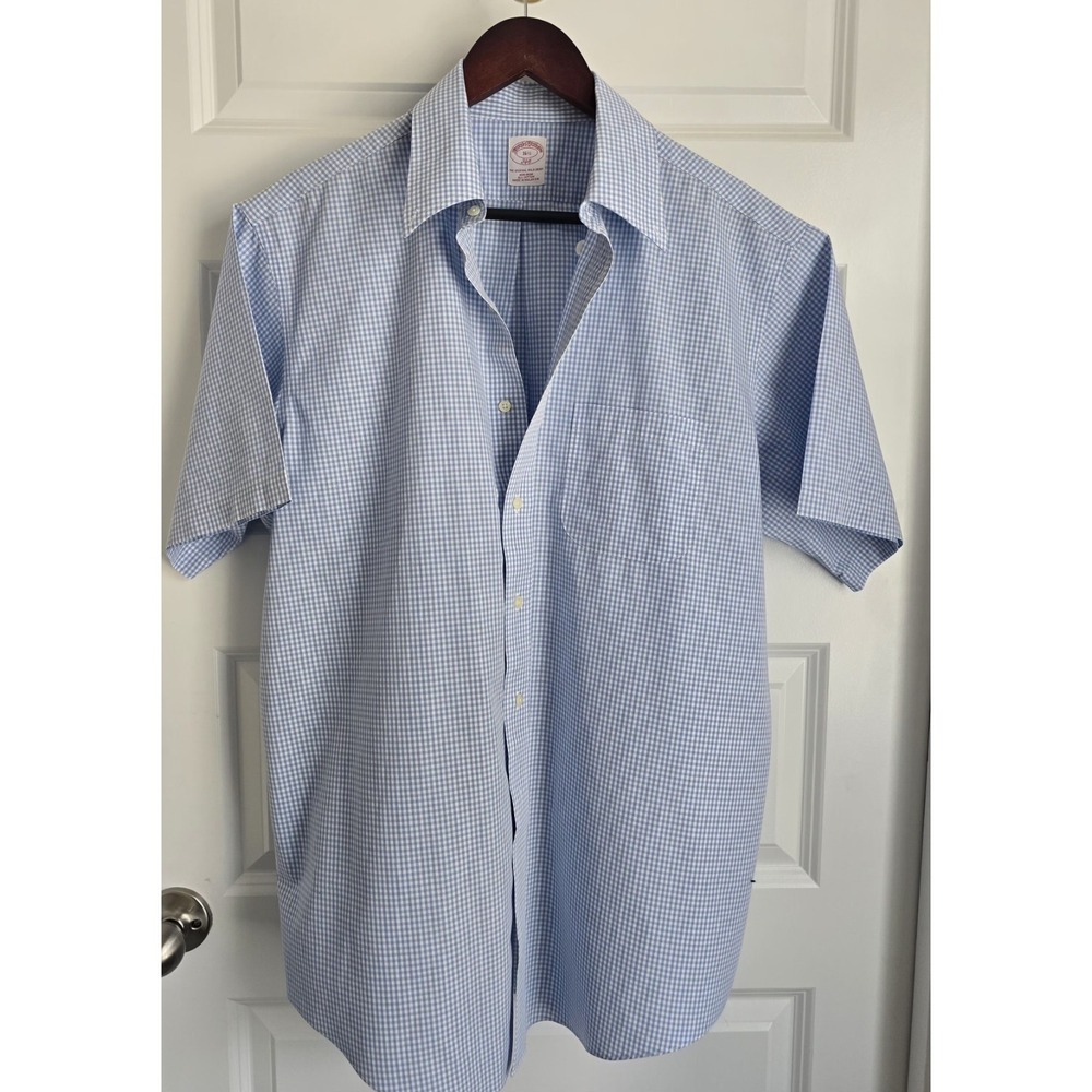 Brooks Brothers 346 Mens Blue Gingham Non-Iron SS Button Down Shirt 16.5